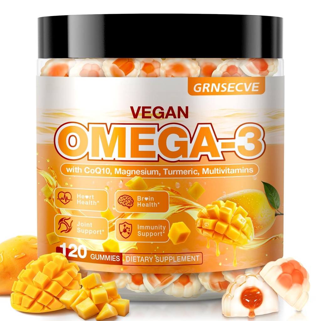 Wegańskie gumki Omega-3 - Fish Oil Omega 3 Supplements Alternatywa dla dorosłych - Algae DHA 600mg & EPA 400mg, Witamina D3 K2 - No Fish Taste - dla mózgu, oka, immunologicznego wsparcia - Bez cukru, 120 Liczba