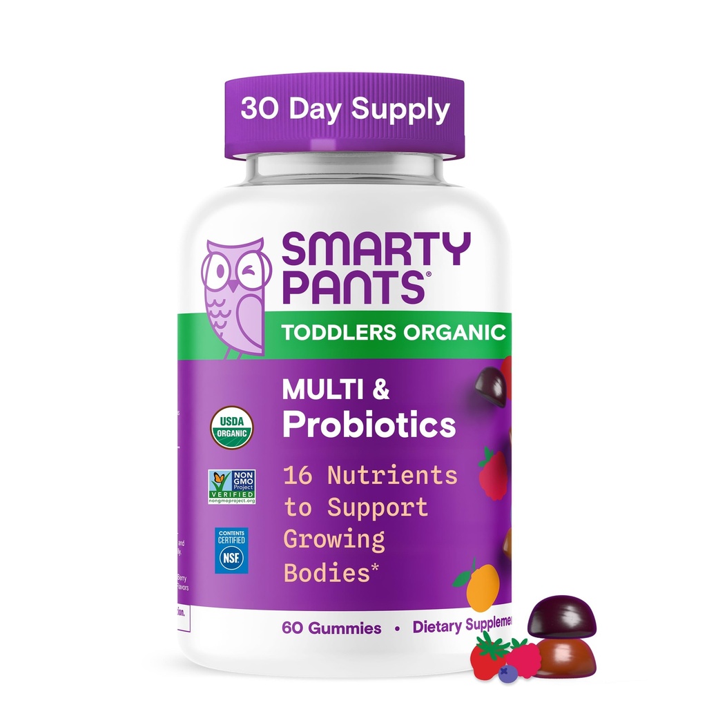 SmartyPants Organic Toddler Multivitamin Gummies: Probiotics, Omega 3 (ALA), Vitamin D3, C, Vitamin B12, B6, A, K & Zinc, Beta Carotene, Gluten Free, Three Fruit Flavors, 60 Count (30 Day Supply)