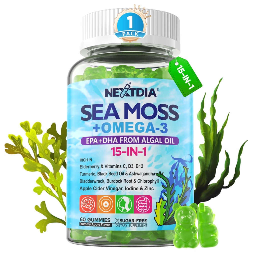 Sea Moss Gummies + Algae Omega-3 dla mężczyzn Kobiety, Wegan bez cukru 15- IN-1 Irlandzki Seamoss Superfood z / EPA DHA, Witaminy B12 D3, Turmeric, Elderberry, Burdock Root, Wsparcie energii, Mózg, Immune 1 Pack