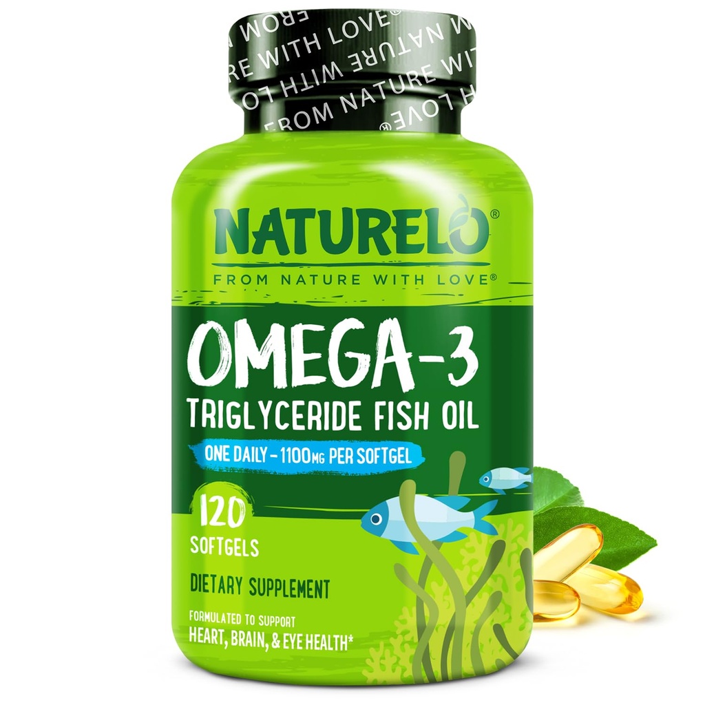NATURELO Burless Omega 3 Fish Oil Supplement - 1100mg Trigliceryde Omega-3, EPA + DHA, Liquid Fish Oil for Heart, Eye, Brain, Joint Health - 120 Softgels, 4 miesiące dostaw