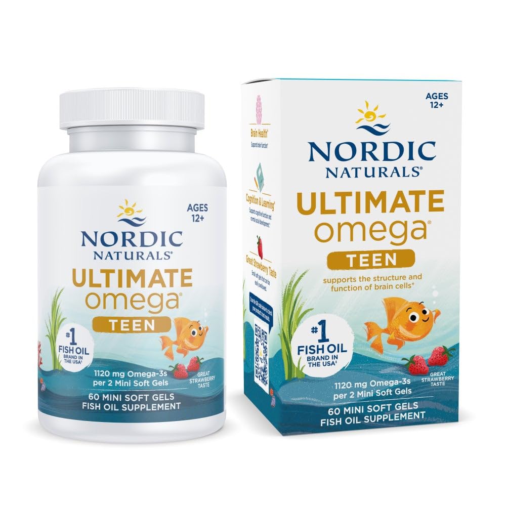 Nordic Naturals Ultimate Omega 2X Teen, Strawberry - 60 Mini Soft Gels - 1120 mg Total Omega- 3 z EPA & DHA - Zdrowie mózgu, Pozytywny nastrój, Social Development, Learning - Non-GMO - 30 Służenie