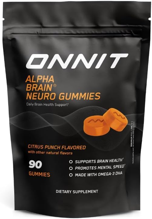 ONNIT Alpha Brain Neuro Focus Gummies, IGEN Non-GMO Tested Vegan Gummies z Omega- 3 s Lutein Zeaksantyna i kofeina, Oko mózgowe i Focus Supplement for Men and Women, Citrus Punch, 90 Count