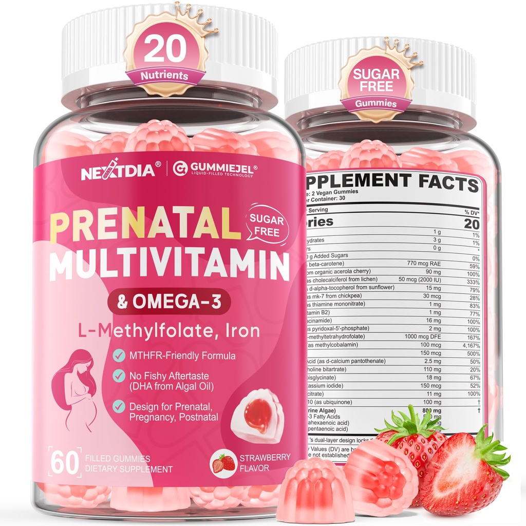 Witaminy prenatalne dla kobiet Gumiaki, Metylfolan 1 mg, Wegan Omega 3 DHA 800mg, Żelazo, Cholina, Jod, Witamina D3 B6 B12 - Multiwitamina dla kobiet Przed, W trakcie i po ciąży, Cukier wolny, 60