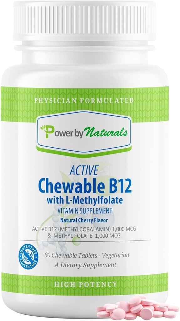 Power By Naturals Aktywne do żucia Metylowane B12 z dodatkiem L- Metylu Folate dla kobiet i mężczyzn, Cherry Flavor, 60 tabletek