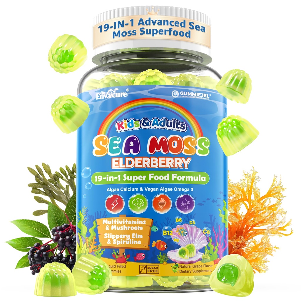 Sea Moss + żeberka dla dzieci i dorosłych, 19- IN-1 Super Food with Spirulina, Algae Omega 3, Algae Wapń, Ashwagandha, Mushroom, Witaminy D3, C for Immune, Gut, Kości, Energia, Mózg, Wegan 60Cts