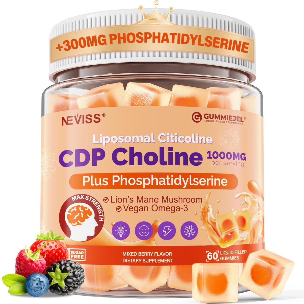 Citicoline 1000mg & Phosfatidylserine 300mg Supplements CDP Choline Gummies, Suplement mózgu dla pamięci i Focus w / Lion 's Mane Mushroom, Omega-3, Methylfolate, B6 & B12, Non-GMO, Sugar Free, 60ct