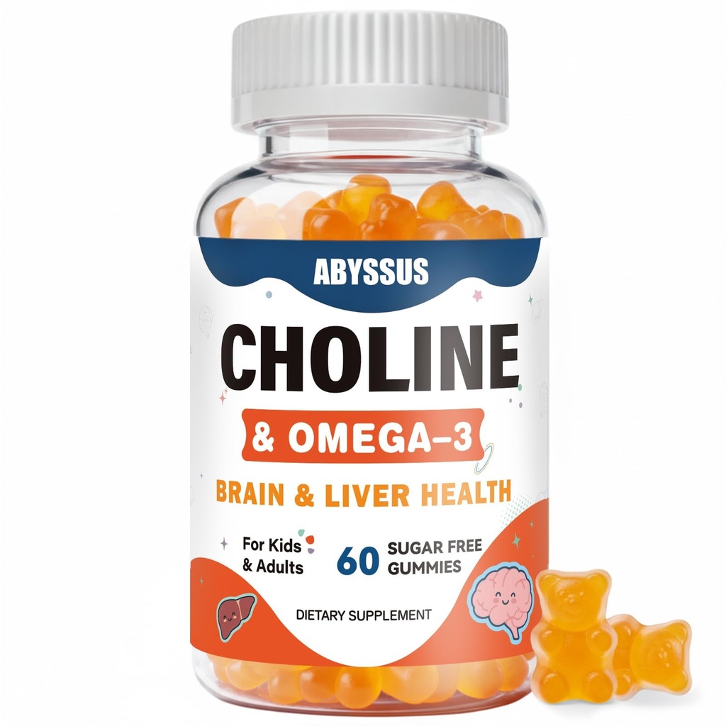ABISSUS Gumiaki cholinowe dla dzieci i dorosłych, Suplementy bitartratu bezcukrowego z Algal Omega-3 DHA EPA & Active B6 B12, Wsparcie dla mózgu i wątroby, Wegan, 60 Hrabia