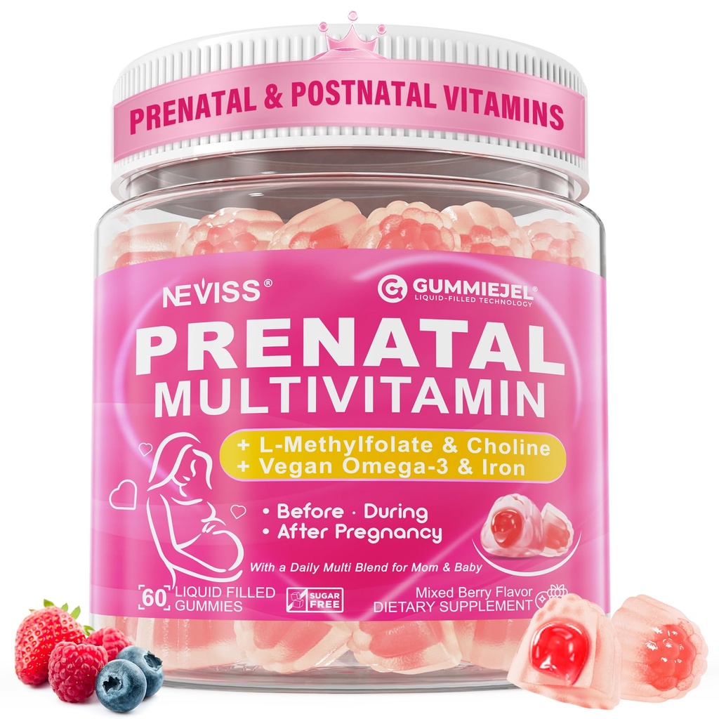 Witaminy prenatalne dla kobiet Gummie wielowalutaminowe w / Metylfolan 1 mg, Cholina Omega-3 (DHA + EPA) Żelazo, Witaminy poporodowe dla kobiet Karmienie piersią 124; Przed, W trakcie i po ciąży, Cukier wolny, Wegan, 60Cts