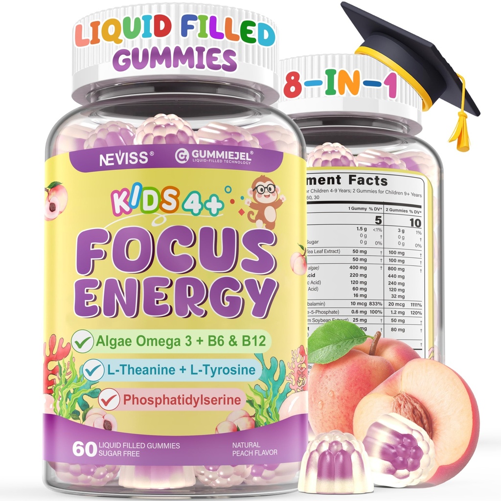 Kids Focus Gummies - Suplementy mózgowe z Vegan Omega 3 DHA, Fosfatydylseryna, L- Theanine, L- Tyrozyna, Methylled B6 & B12 dla dzieci i nastolatek Wsparcie Uwaga, Pamięć, Nootropic, Cukier wolny 60ct