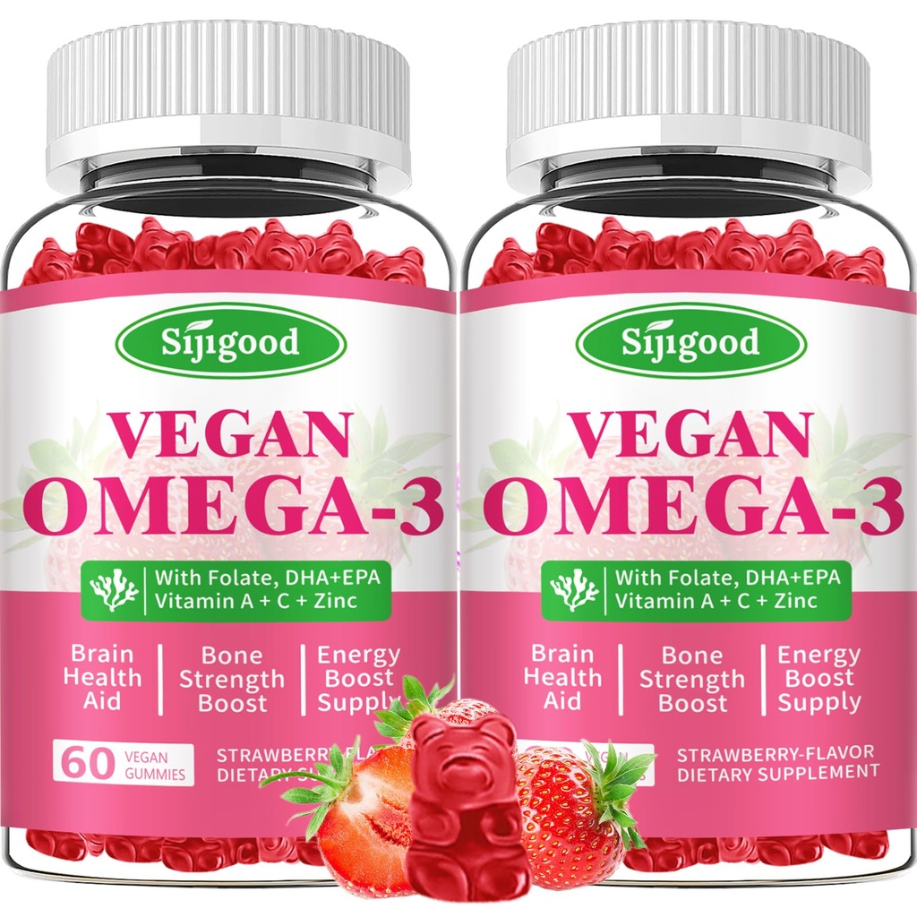 Omega-3 Gummie Potent Algae Omega Źródło, Boost Brain, Eye & Immune Function, z DHA i EPA Vegan & Sugar Free, Strawberry Flavor, 120 Count