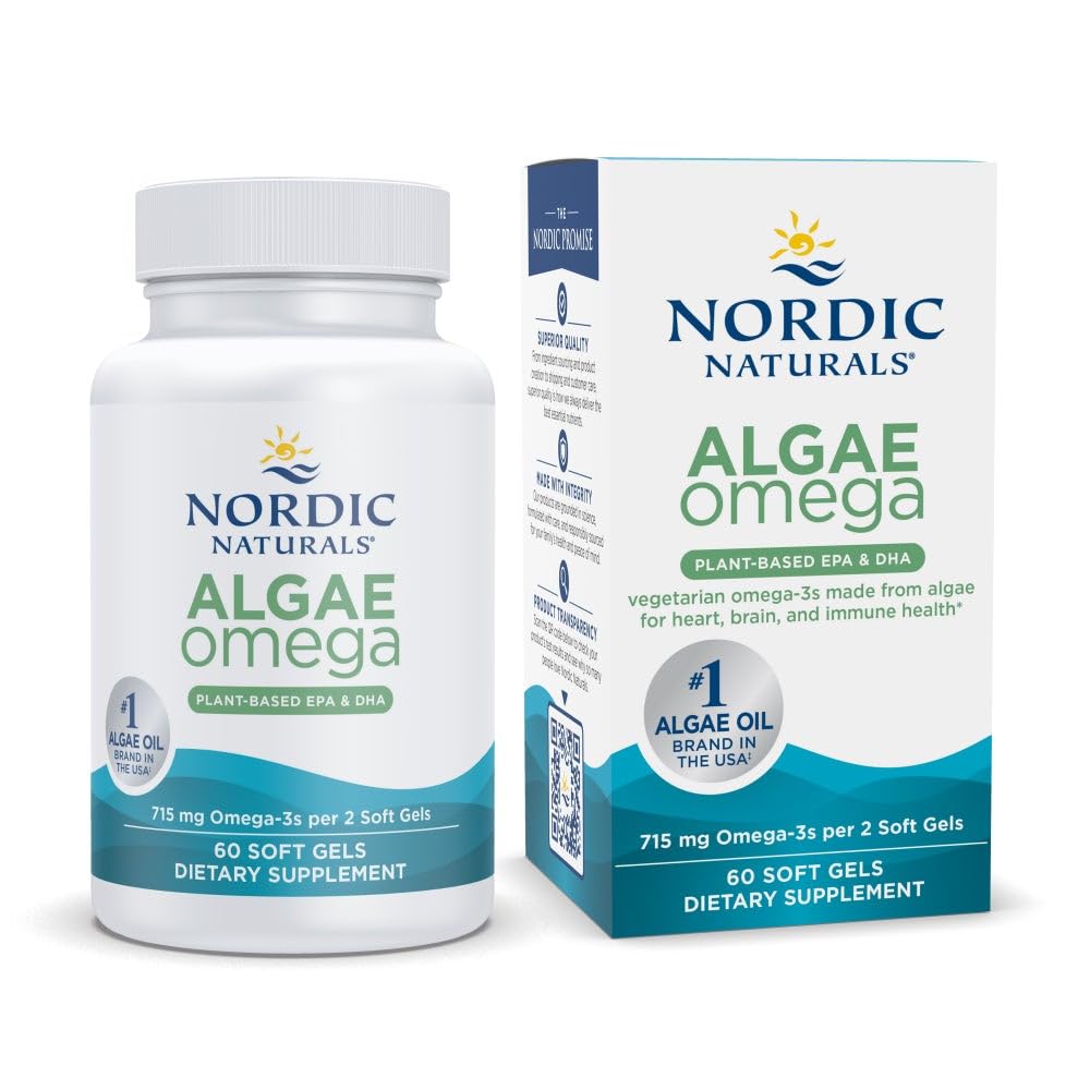 Nordic Naturals Algae Omega - 60 Soft Gels - 715 mg Omega-3 - Certified Vegan Algae Oil - Plant- Based EPA & DHA - Heart, Eye, Immune & Brain Health - Non-GMO - 30 Servings