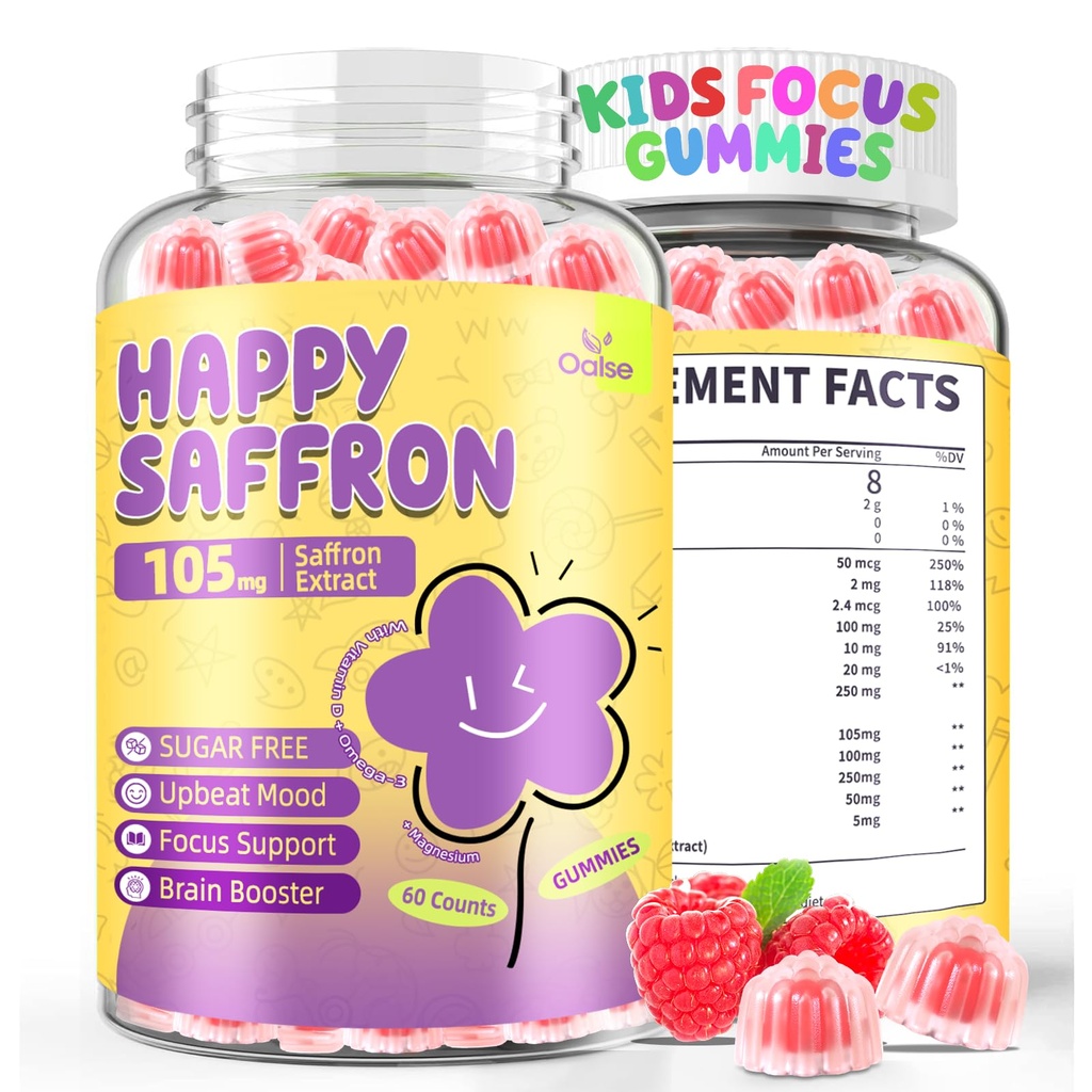 Saffron Gummies dla dzieci: Suplement Focus for Kids with Saffron Extract & Omega-3 Potasu - Happy Mood - Wegan, Sugar- Free