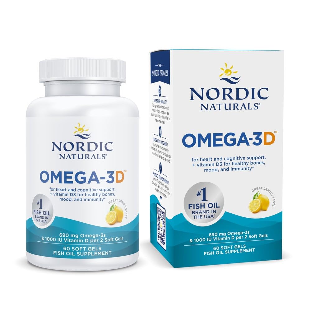 Nordic Naturals Omega- 3D, Lemon Flavor - 60 Soft Gels - 690 mg Omega- 3 + 1000 IU Witamina D3 - Olej rybny - EPA & DHA - Immune Support, Brain & Heart Health, Healthy Bones - Non-GMO - 30