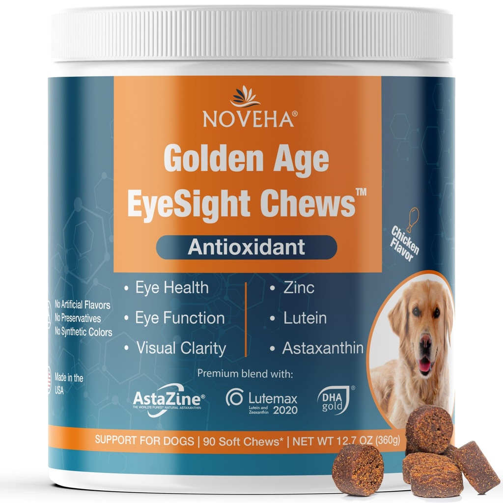 NOVEHA Eye Supplement for Dogs (90 Chews) - Vision Support with Lutein + Witamina C & Astaksantyna Przeciwutleniacze - Dog Vitamin for Eyes + Fish Oil for Omega 3 EPA - Made in USA