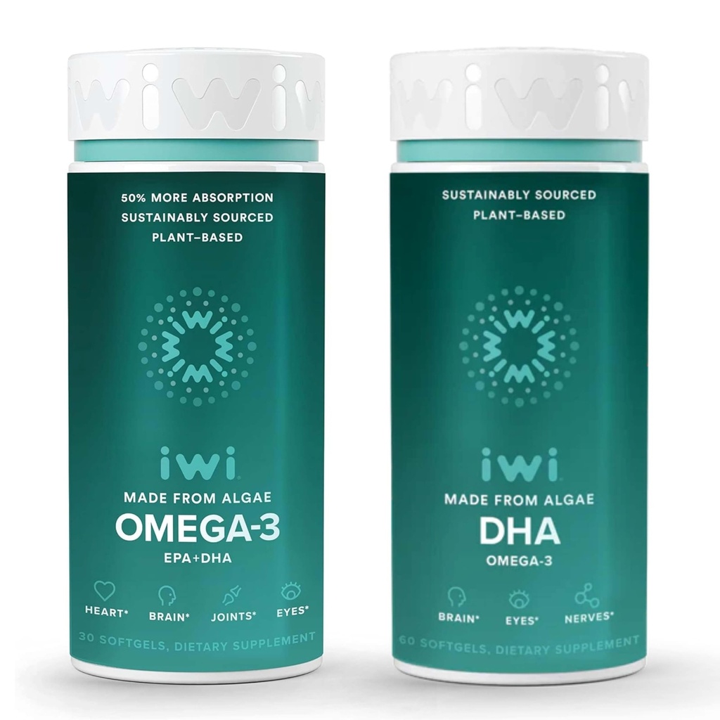 Iwi Omega-3 & DHA Omega-3 Bundle, 30 Służenia, Wegan Plant- Algae Omega 3, Kryll & Fish Oil Alternative, No Fishy Aftersmast