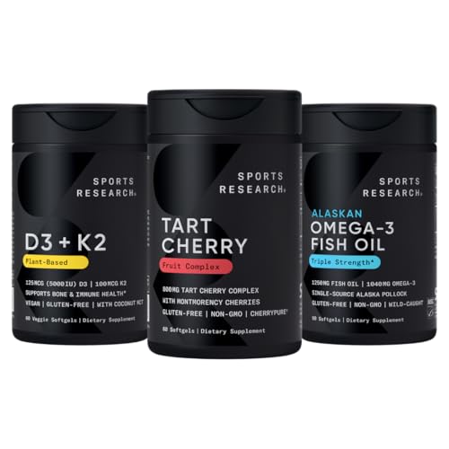 Sports Research ® Multivitamin Pack w / CherryPure ® Tart Cherry Fruit Complex 800mg, Witamina D3 5000iu + K2 100mcg oraz Alaskan Omega-3 Fish Oil 1250mg - Non-GMO · Sugar- Free · Gluten- Free