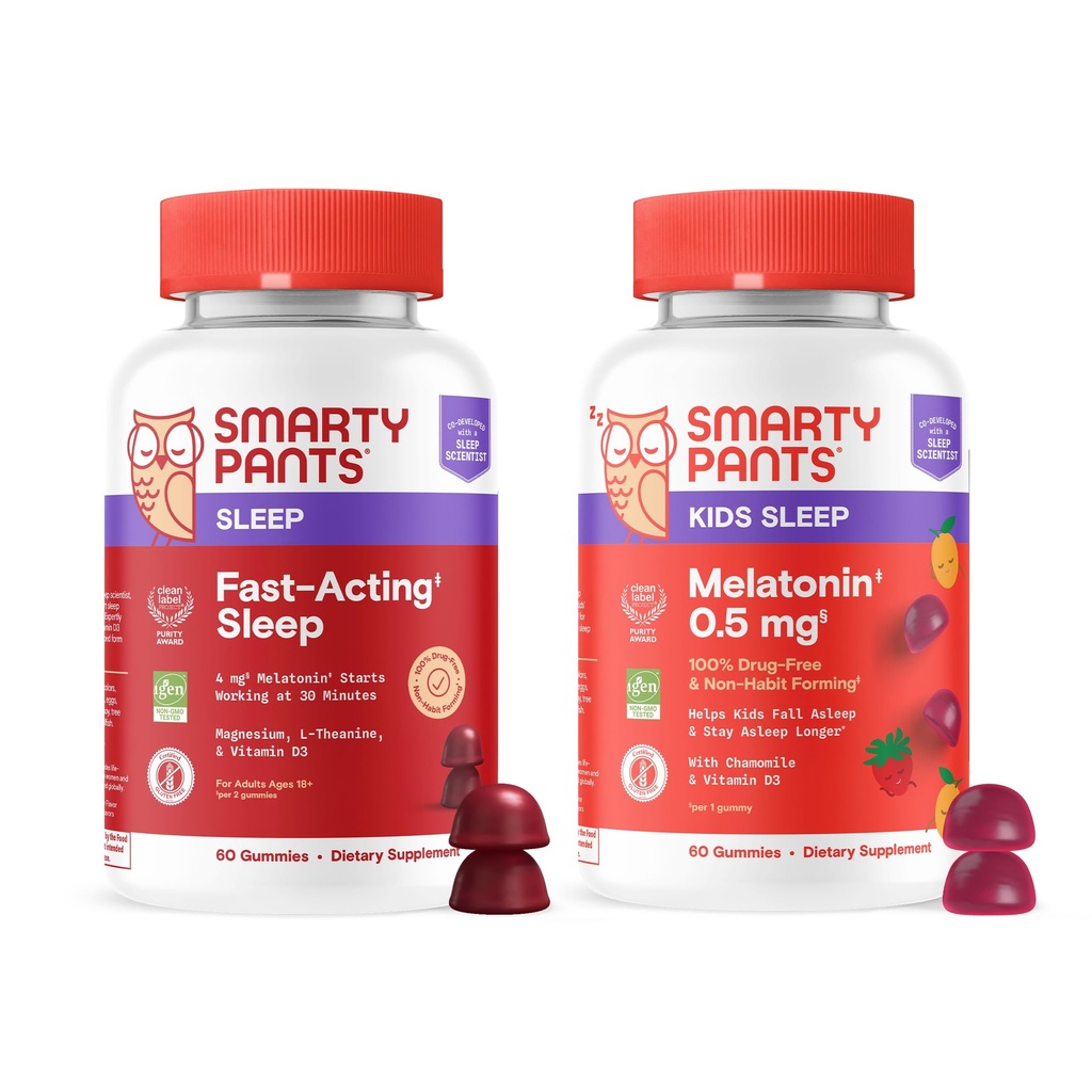 SmartPants Sleep Gummies Family Bundle: Wsparcie dla dorosłych i dzieci Sleep z Melatonin - Bez narkotyków, Non-Habit Forming, Owoce aromatyczne, 60 Count (Pack of 2)