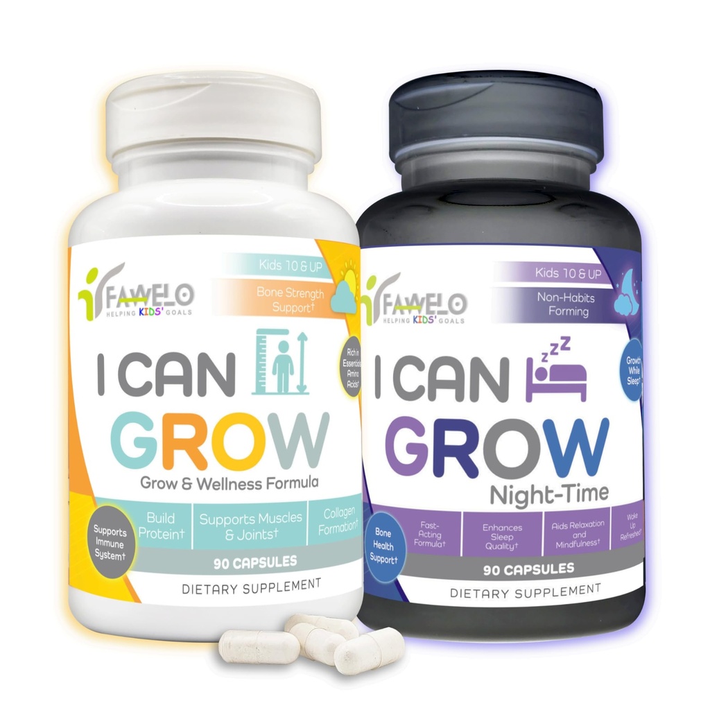I Can Grow Day & Night Bundle for Kids 10 + & Teens Neath 124; Wsparcie wzrostu z L-Arginina, Colostrum, Magnezu Netts 124; Nourish Daily + Nighttime Sleep Aid for Maximum Height & Development Assistance 124; 2Pack