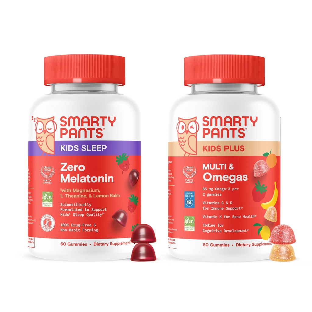 SmartPants Kids Daily & Nighttime Wellness Bundle: Multivitamin + Sleep Gummies with L- Theanine, Lemon Balm & Magnez - Wolna od narkotyków, Non-Habit Forming, 60 Count (Pack of 2)