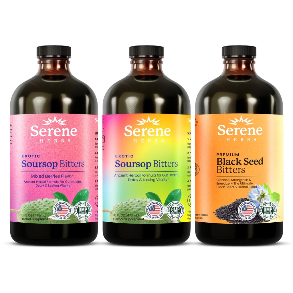 Serene Herbs Soursop Bitters Liquid, Mieszane jagody i czarne nasiona Triple Bundle - Organic Herbal Guanabana for Digestive Support & Immune Health - Vegan, Non-GMO - 48 oz (16 oz Each), 3 Pack