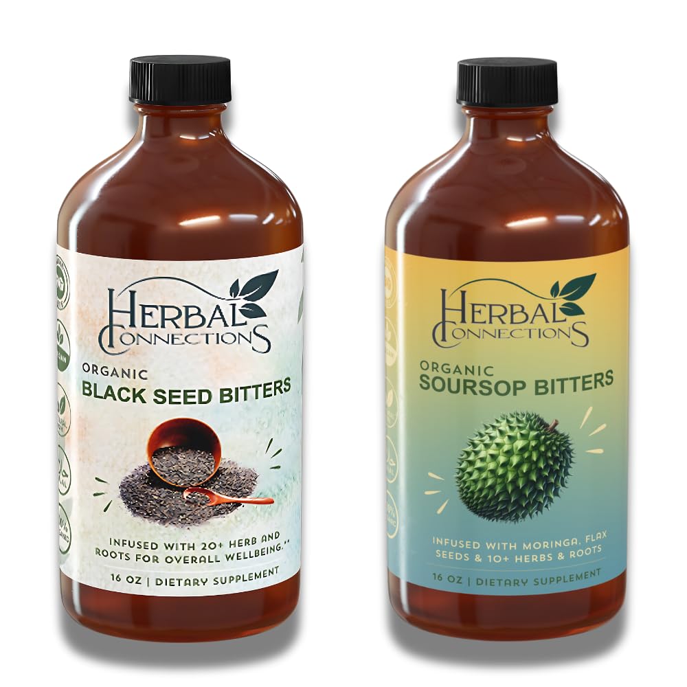 Herbal Connections Organic Soursop & Black Seed Bitters Bundle - Naturalne składniki oparte na plantacji dla Gentle Detox & Digestive Health Dwie butelki, 32 unces (16 unces each), 64 Sługi