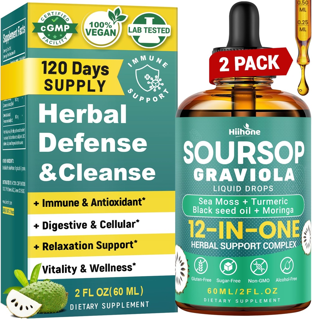HIIHONE (2 Pack) 12- in-1 Bittersy soursop płynne krople z mech morskich, olej z czarnego nasion, Moringa dla wsparcia i regeneracji komórek, odporność, wątroba, Gut & przeciwutleniacz - 2 Fl Oz