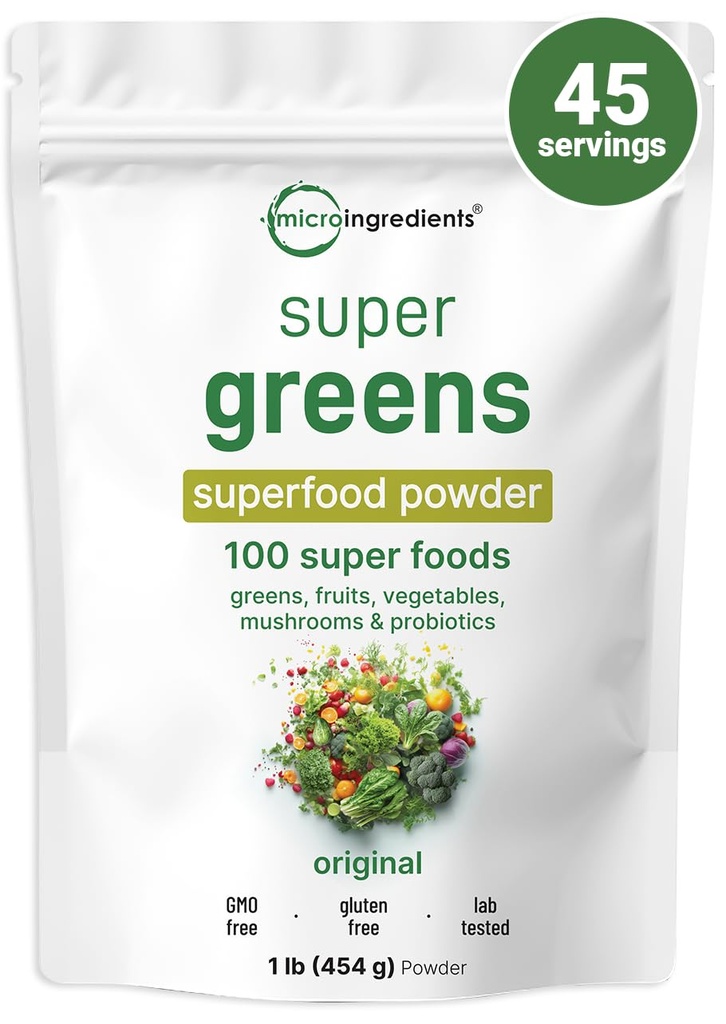 Micro Składniki Super Zielone Proszek, 1lb Pył 124; 100 Superfood Mieszanka z Codzienne Zielone, Owoce, Warzywa, Grzyby i Probiotyki 124; Źródło Białko Wegańskie & Enzymy 124; Non-GMO, Gluten- Free, Brak dodatków