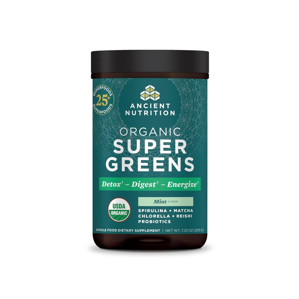 Starożytne Żywienie SuperGreens Proszek z probiotyką, Organic Peppermint Flavor Zielone, Made from Real Fruits, Warzywa i Zioła, do żywienia i wsparcia energetycznego, 25 Służenia, 7.23oz