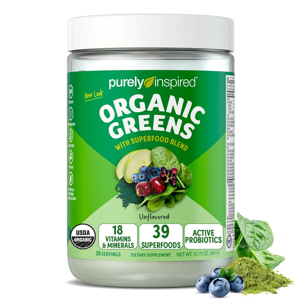 Superowo natchniony organiczny zieleń proszek Superfood Smoothie Mix, Unflavored (30 Służenia) - Super Zielone z probiotyki, Spirulina & Chlorella dla Gut & Digestive Health - Wegan