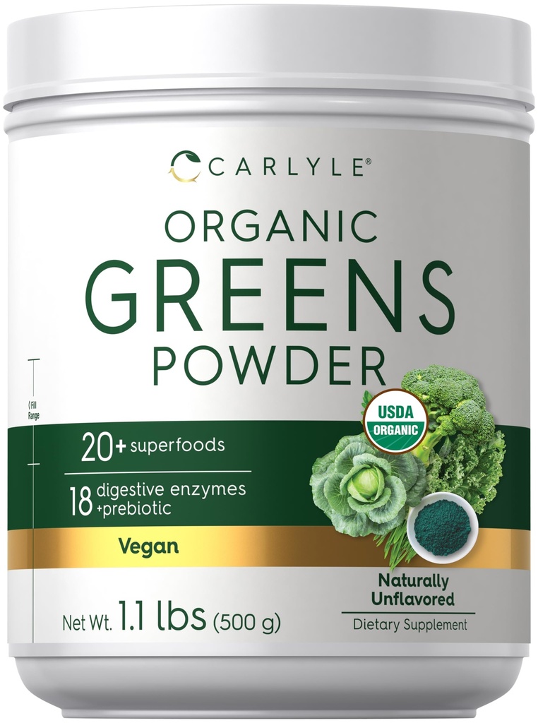 Carlyle Organic Greens Powder Building 124; 17.6 oz Supplement Description 124; Relieves Ocasional Gas, dyskomfort & Bloating Description 124; z 20 + Superfoods, 18 Digestive Enzymes, i Prebiotics Description 124; Vegan, Non-GMO i Gluten Free