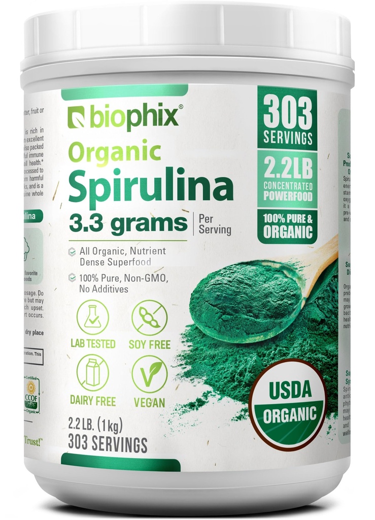 biophix Organic Spirulina Proszek, 2,2 Lbs 100% Czysty Spirulina Blue Green Algae Proszek, Wegan, Nie GMO, Nienapromieniowany, USDA Certified, Najlepsze białko Superfood