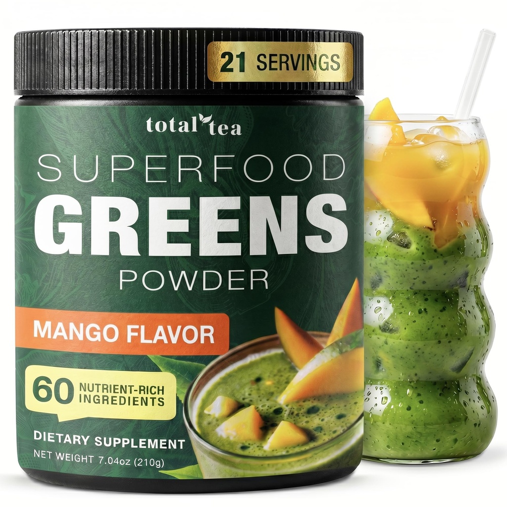 Razem herbata Super Zielonych Proszek Suplement, Zielone, Owoce, Warzywa, Napoje wegańskie z Spirulina, Chlorella i witaminy 25 Służenie - Mango
