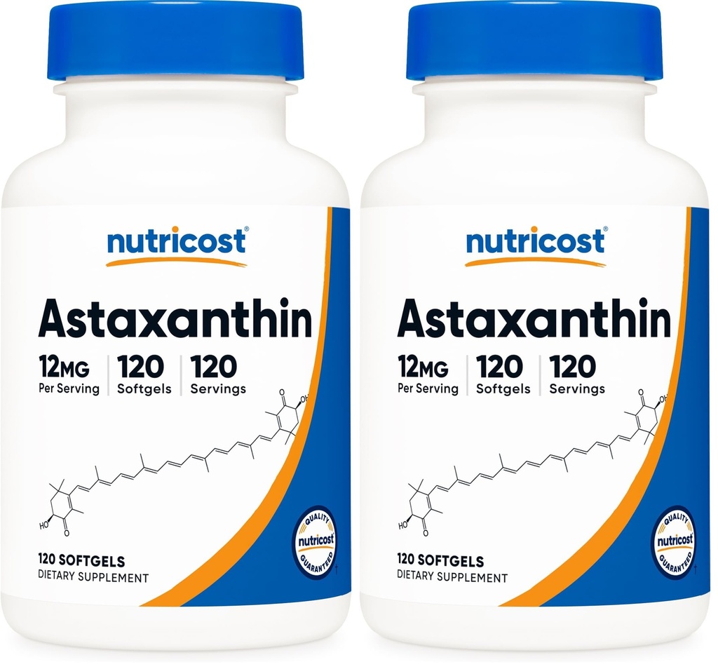 Nutricost Astaksantyna 12 mg, Non-GMO i Gluten Free, 120 Softgels (4 Miesiące dostaw) (Opakowanie 2)