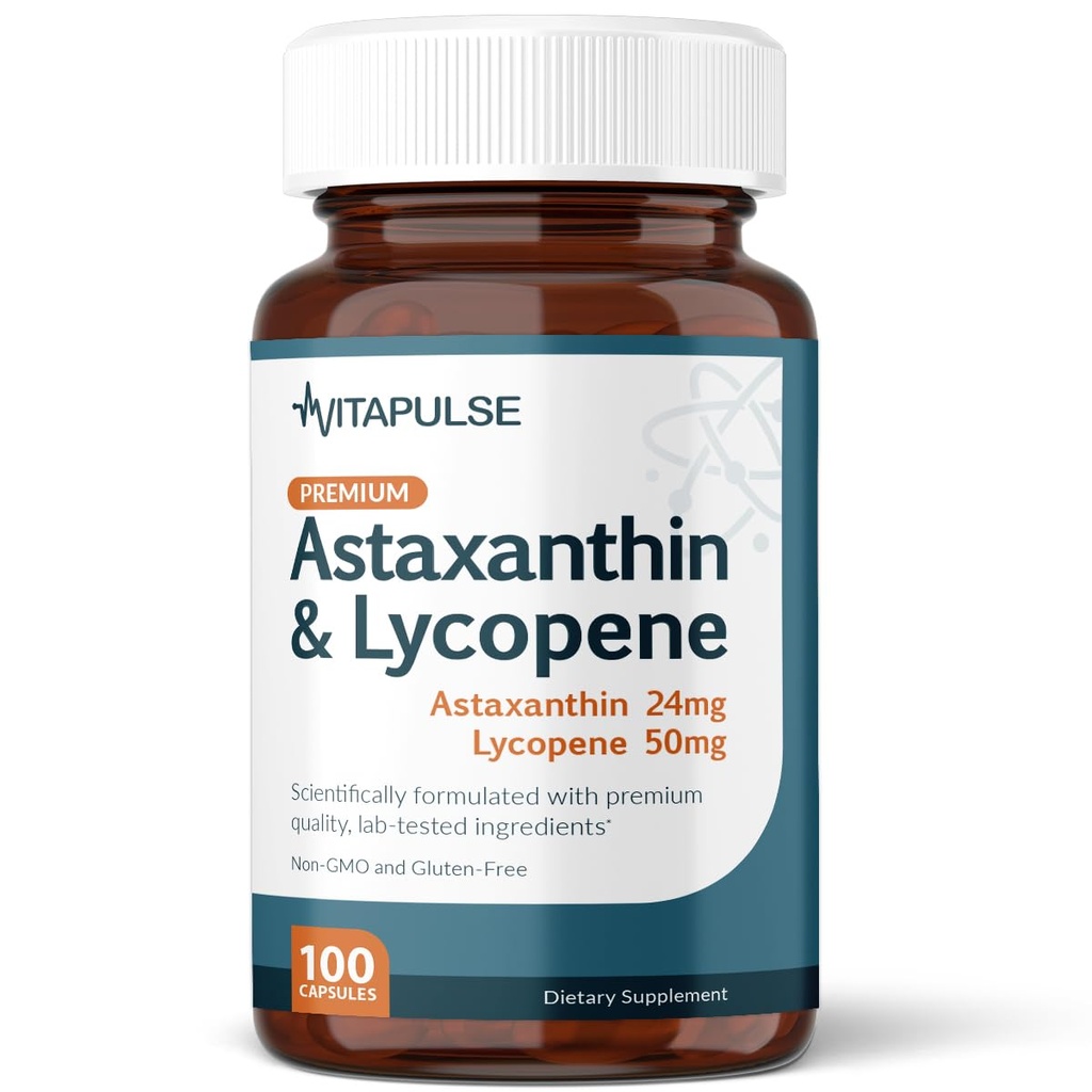 Astaksantyna 24 mg z Lycopene 50mg Suplement, 100 Kapsułki wegetariańskie, Non-GMO, Gluten Free
