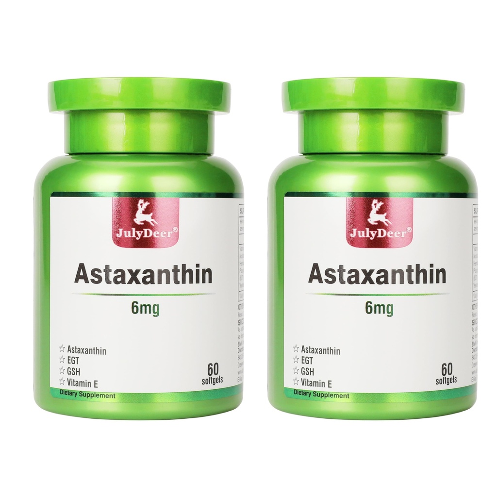 JulyDeer 2 Butelki Astaksantyna 6 mg z nikotynamidem Witamina E Premium Suplement przeciwutleniający EGT GSH - dla skóry, oczu, stawów i układu immunologicznego Zdrowie komórek i energia 5 w 1- 120 Softgels