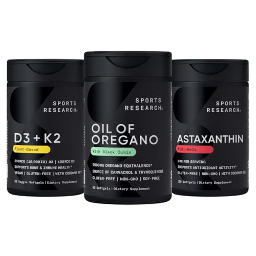 Sports Research ® Antyoksydant Support Pack - Olej Oregano 9500mg + Witamina D3 K2 5000iu + Potrójne Siła Astaksantyny