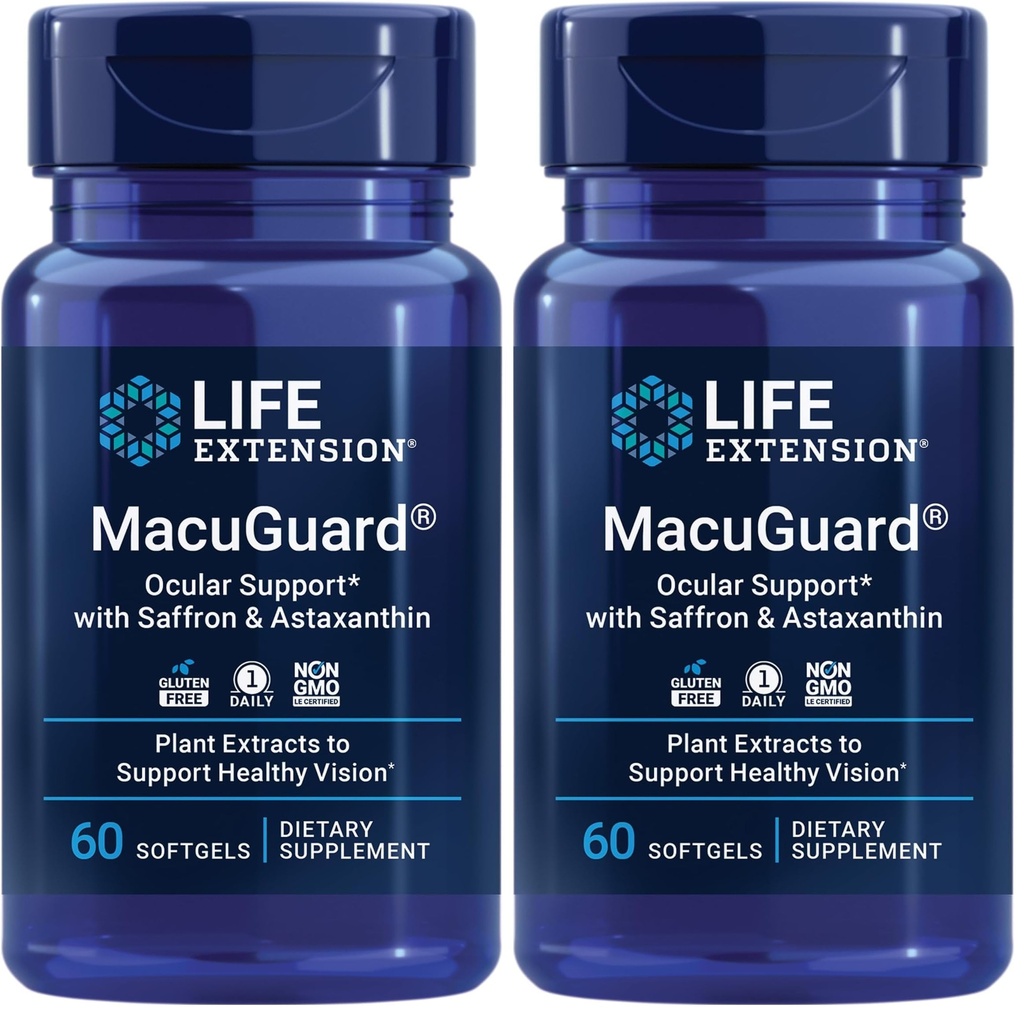 Life Extension MacuGuard Ocular Support with Saffron & Astaxanthin - Eye Health Supplement for Healthy Vision - with Lutein, zeaksantyna, Mezo- zeaksantyna - Gluten- Free, Non-GMO - 60 softgels