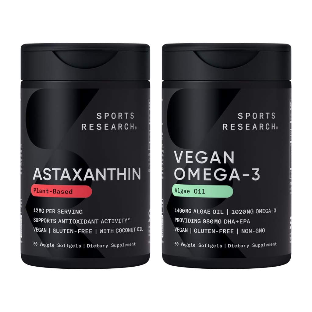 Sports Research ® Vegan Antioksydant Support Pack - Omega- Algi oleju i roślin oparte Astaksantyny Softgels dla aktywności przeciwutleniającej, skóry i oczu zdrowia (60 Veggie Softgels każdy)