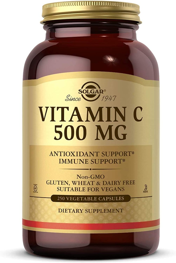 Solgar Witamina C 500 mg, 250 Kapsułki roślinne - Przeciwutleniacz i wsparcie immunologiczne - Ogólny Zdrowie - Wspiera zdrową skórę i połączenia - Non-GMO, Wegan, Gluten Free, Kosher - 250 Sługi