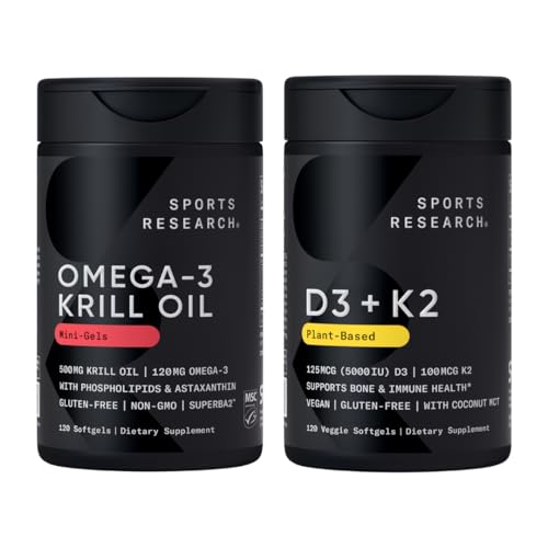 Sports Research ® Multivitamin Pack - Omega-3 Krill Oil 500mg w / Cholina, fosfolipidy i astaksantyna i witaminy K2 & Vegan D3 5000iu z oleju kokosowego MCT - Non-GMO · Gluten Free