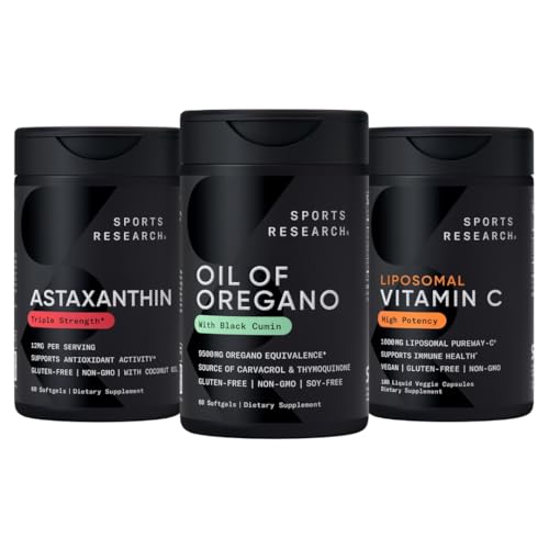 Sports Research ® Antyoksydant Support Pack - Oil of Oregano 9500mg + Triple Strength Astaxanthine 12 mg + Liposomal witaminy C Suplement 1000 mg