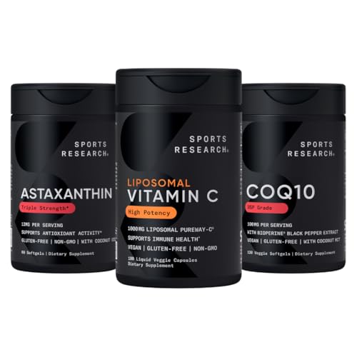 Sports Research ® Antyoksydant Support Pack - Wysoka moc Witamina Liposomalna C Suplement 1000mg + Koenzym Q10 100mg + Potrójne Siła Astaksantyny 12 mg w / Organiczny olej kokosowy