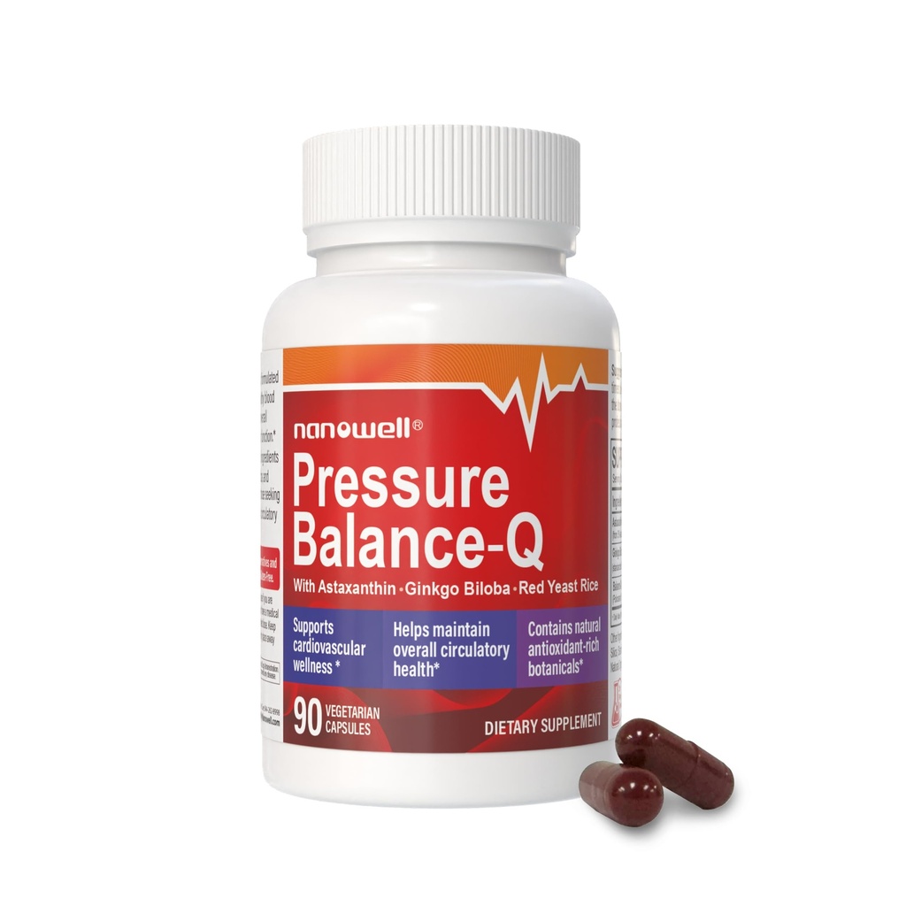 NANOWELL ® Pressure Balance- Q XI124; Formuła przeciwutleniająca z naturalnymi Non-GMO Astaksantyna 12 mg na kapsułki, Ginkgo Biloba, Polikozanol, Czerwony Yeast Rice i ekstrakt Rosemary 124; 90 Kapsułki wegetariańskie