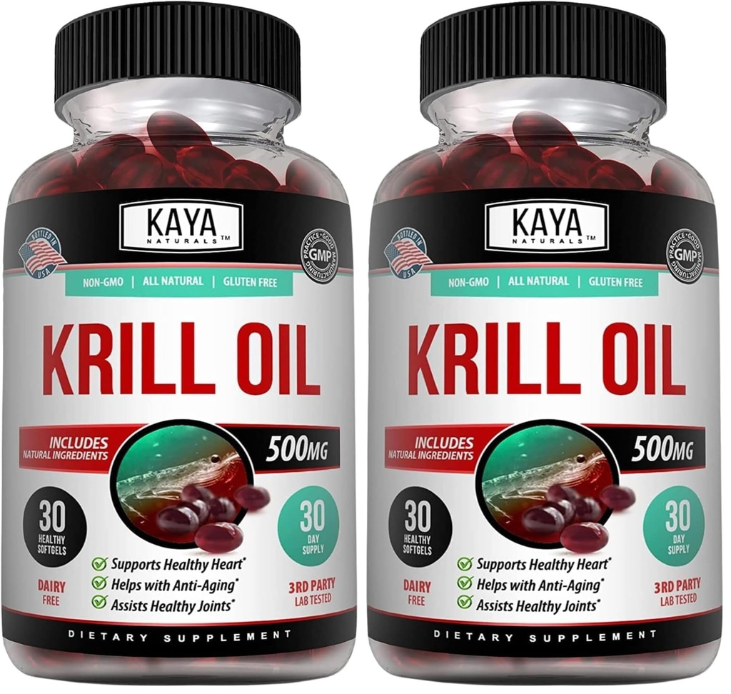 Kaya Naturals - olej kryla antarktycznego 500 mg z Omega 3, EPA, DHA, fosfolipidami i suplementem astaksantyny - Witamina Mózgu & Zdrowia - Suplement przeciw starzeniu - 30 Liczenie softgeli (Opakowanie 2)