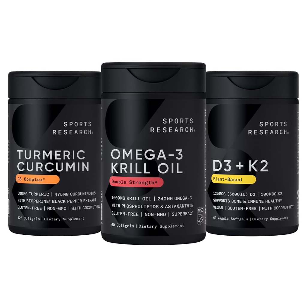 Sport Badania kryla antarktycznego Omega 3 1000mg (z fosfolipidami, Cholina i Astaksantyna), Kurkumina turmerowa C3 Kompleks (z bioperine Black Pepper & Oil kokosowy) & roślina Witamina D3 + K2