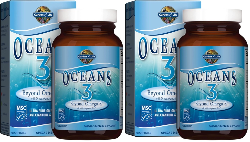 Ogród Oceanów Życia 3 Poza Omega-3 z OmegaXanthina, EPA, DHA Suplementy, Olej rybny z 1200 mg Omega 3, Astaksantyna & Brown Seaweed Extract - 60 Softgels, (Opakowanie 2)