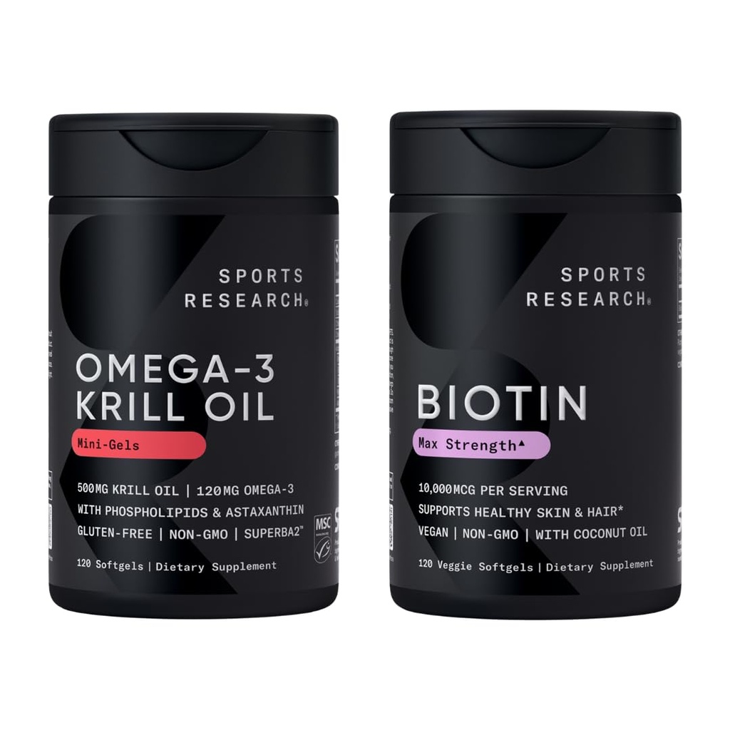 Sports Research ® Glow and Flow Pack - Omega-3 Krill Oil 500mg - Pure Antarktyka Superba Kryll z fosfolipidami, Cholina & Astaksantyna & Biotin 10,000mcg z organicznym olejem kokosowym (Witamina B7)