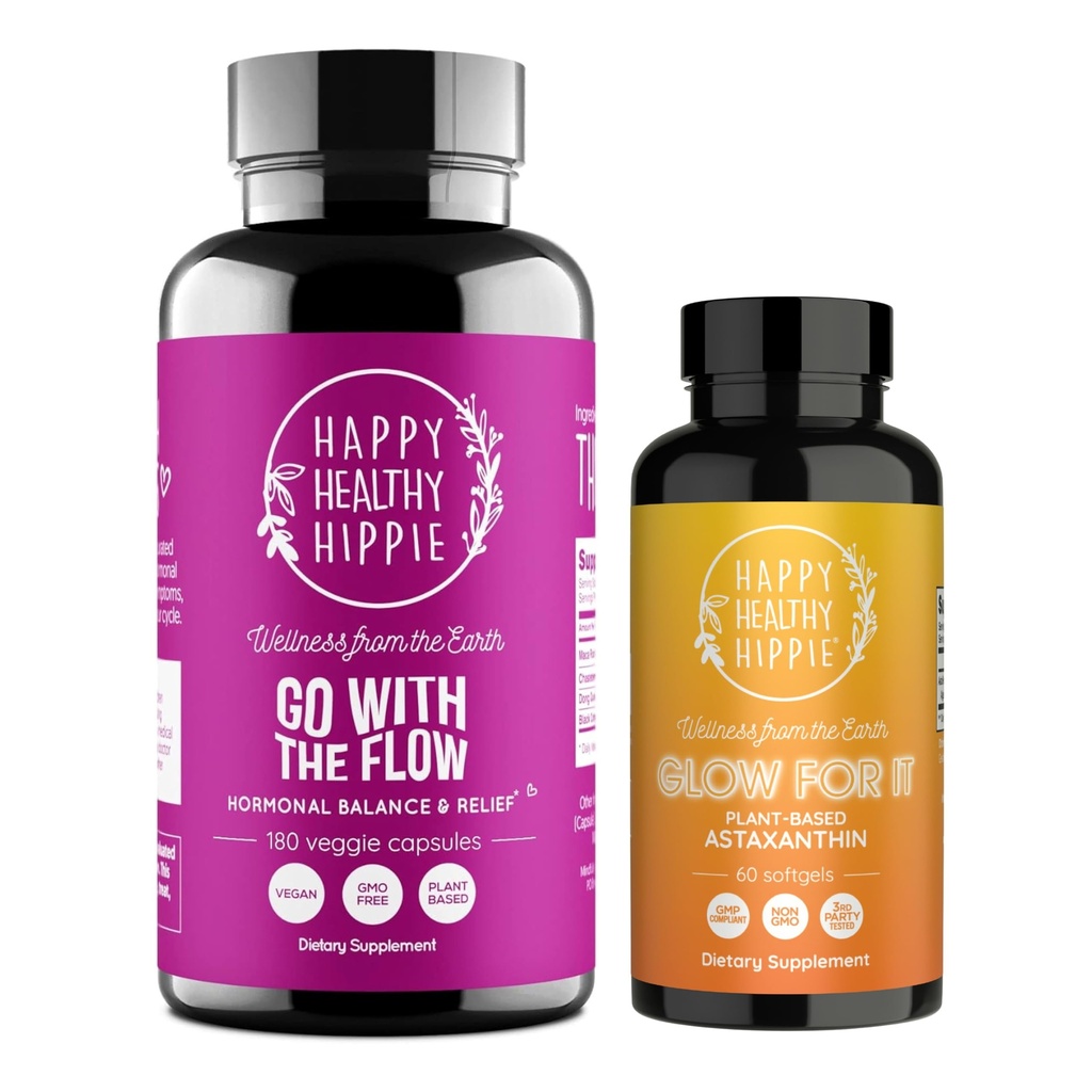 Happy Healthy Hippie Glow for It Astaxanthin Supplement & Go with The Flow Hormon Balance for Women 180ct