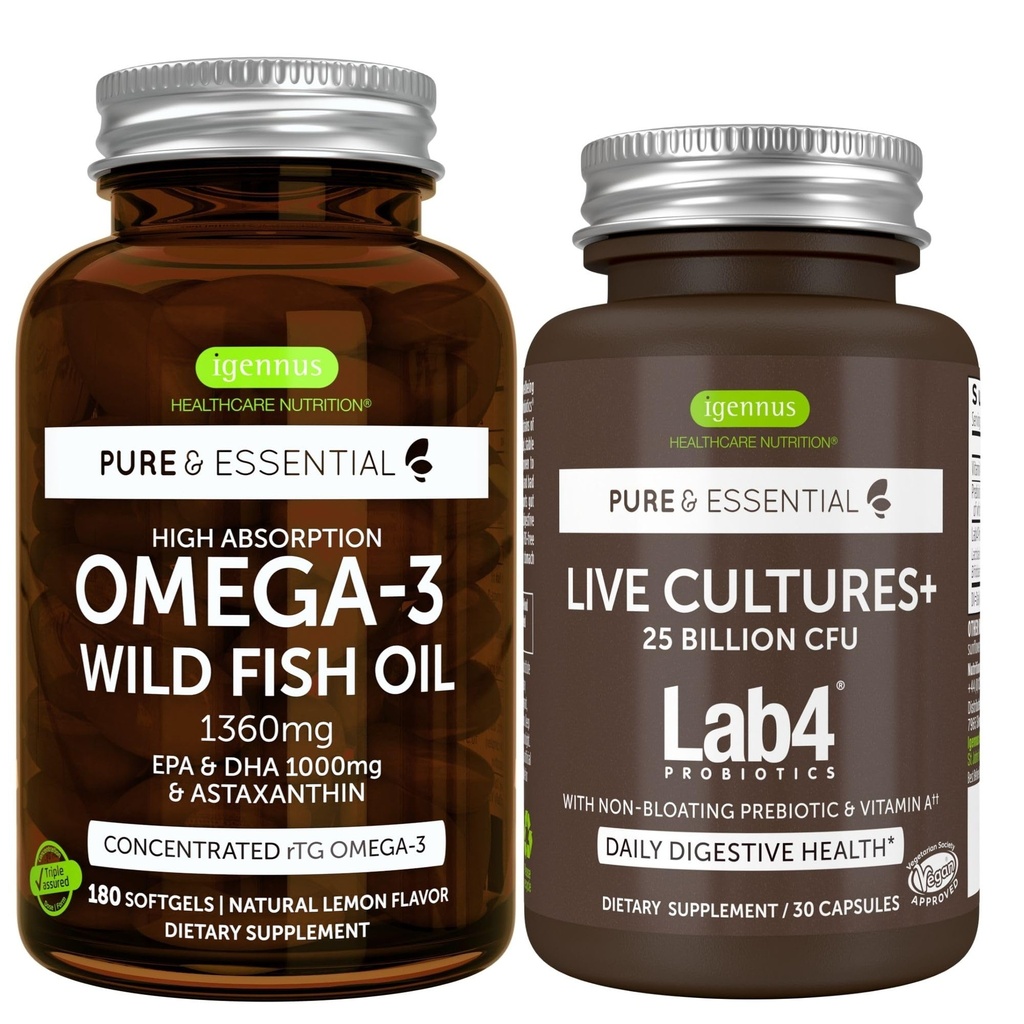 Czyste i esencyjne wysokiej absorpcji Omega- Wild Fish Oil 1360mg + Żywe kultury + Lab4 Probiotyka Bundle, 1000mg EPA & DHA z Astaksantyną + 25 Miliard CFU Lactobacillus Acidophilus & Bifidobacterium wi