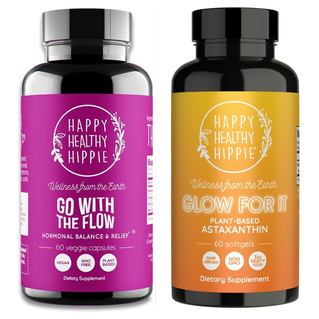 Happy Healthy Hippie Glow for It Astaxanthin Supplement & Go with The Flow Hormon Balance for Women